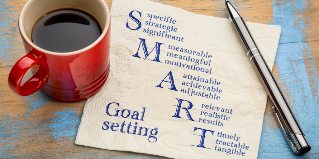 a coffee cup on table with SMART written down showing how to set goals for new year's resolutions