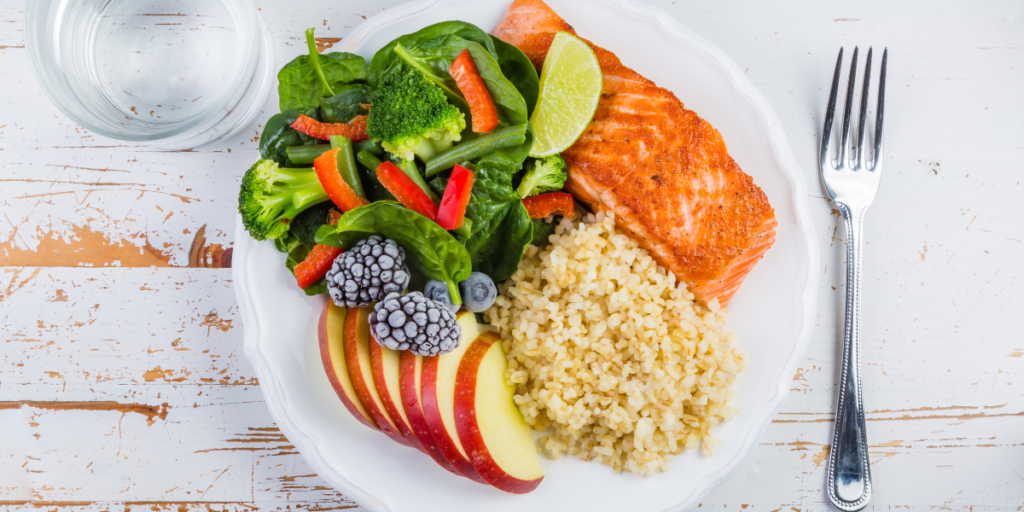 a plate of healthy food showing how eating well can help fight fatigue